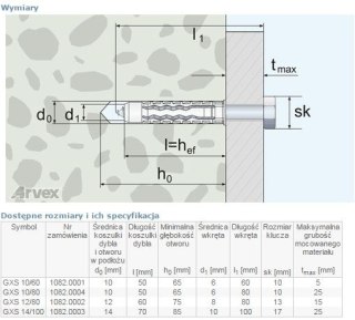 DYBEL UNIVERSALNY WKRĘT ŁEB SZEŚCIOKĄTNY GXS 12/80MM ARVEX