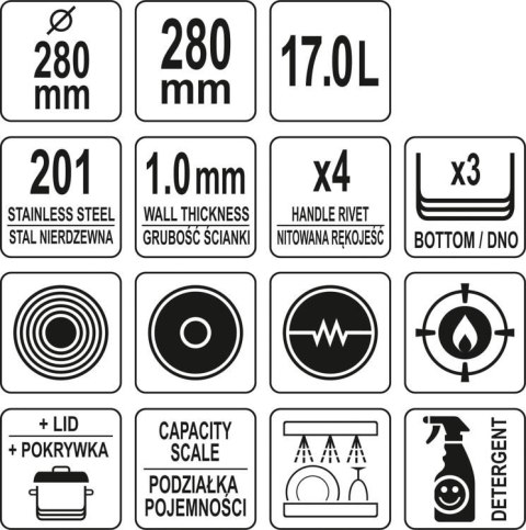 GARNEK WYSOKI Z POKRYWKĄ ZE STALI NIERDZEWNEJ 28X28 17L YATO GASTRO