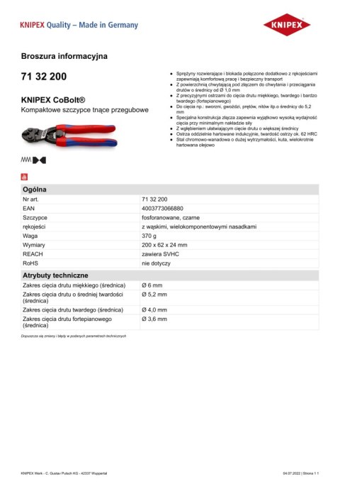 KOMPAKTOWE SZCZYPCE TNĄCE PRZEGUBOWE COBOLT 200MM KNIPEX KOMPAKTOWE SZCZYPCE TNĄCE PRZEGUBOWE COBOLT 200MM KNIPEX