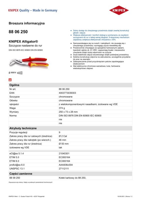SZCZYPCE DO RUR ALIGATOR 250MM KNIPEX SZCZYPCE DO RUR ALIGATOR 250MM KNIPEX