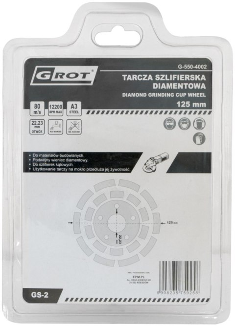 TARCZA SZLIFIERSKA DIAMENTOWA GS-2 125MM GROT TARCZA SZLIFIERSKA DIAMENTOWA GS-2 125MM GROT