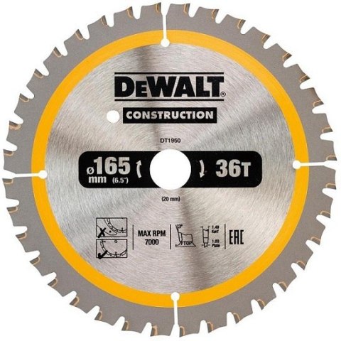 PIŁA TARCZOWA DO DREWNA 165/20MM, 36 ZĘBÓW DEWALT PIŁA TARCZOWA DO DREWNA 165/20MM, 36 ZĘBÓW DEWALT