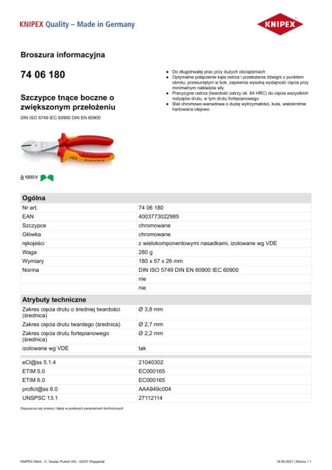 SZCZYPCE TNĄCE BOCZNE O ZWIĘKSZONYM PRZEŁOŻENIU 180MM KNIPEX SZCZYPCE TNĄCE BOCZNE O ZWIĘKSZONYM PRZEŁOŻENIU 180MM KNIPEX