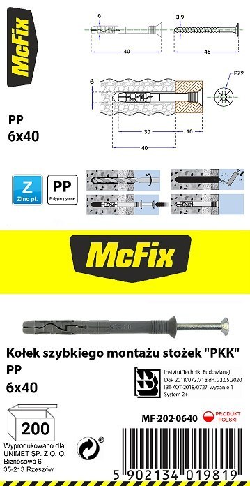 KOŁEK SZYBKI MONTAŻ STOŻEK PP 6*40MM MC FIX KOŁEK SZYBKI MONTAŻ STOŻEK PP 6*40MM MC FIX