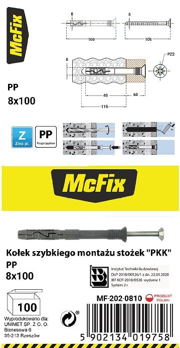 KOŁEK SZYBKI MONTAŻ STOŻEK PP 8*100MM MC FIX KOŁEK SZYBKI MONTAŻ STOŻEK PP 8*100MM MC FIX