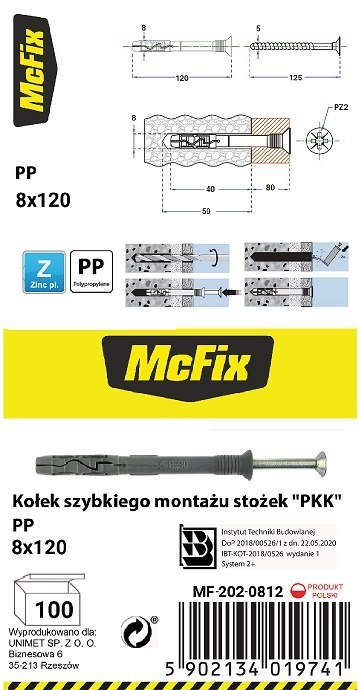 KOŁEK SZYBKI MONTAŻ STOŻEK PP 8*120MM MC FIX KOŁEK SZYBKI MONTAŻ STOŻEK PP 8*120MM MC FIX