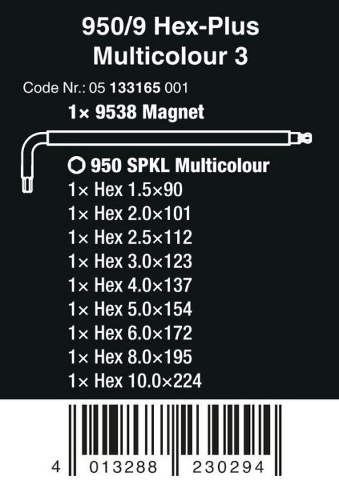 ZESTAW KLUCZY TRZPIENIOWYCH 950/9 HEX-PLUS MULTICOLOU 3 9CZR WERA ZESTAW KLUCZY TRZPIENIOWYCH 950/9 HEX-PLUS MULTICOLOU 3 9CZR WERA