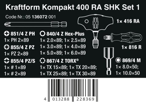 ZESTAW KRAFTFORM KOMPAKT 400 RA SHK SET 1, 19 CZĘŚĆ WERA ZESTAW KRAFTFORM KOMPAKT 400 RA SHK SET 1, 19 CZĘŚĆ WERA