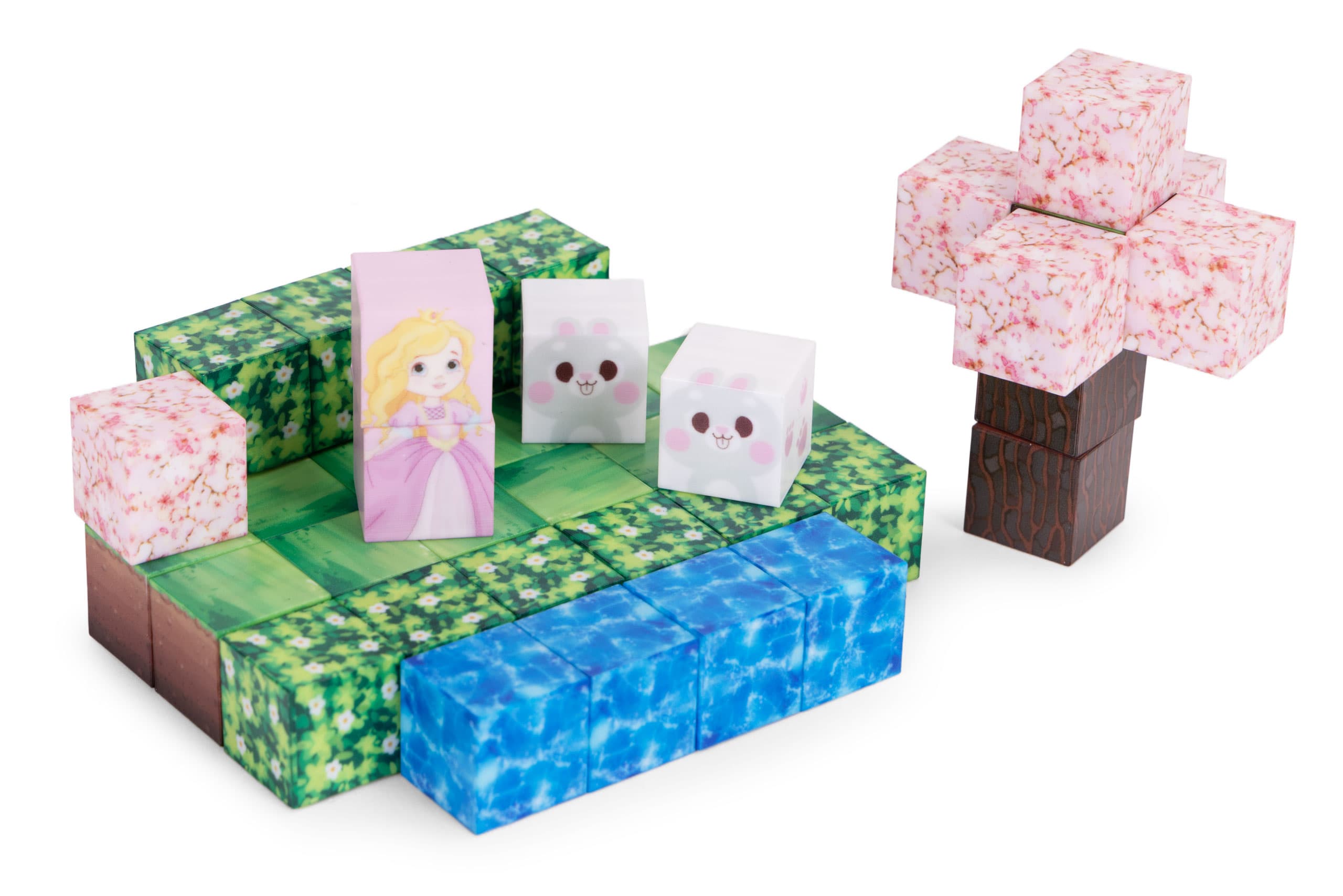 Klocki magnetyczne konstrukcyjne zestaw dla dzieci 96 elementów sześciany różowy zamek