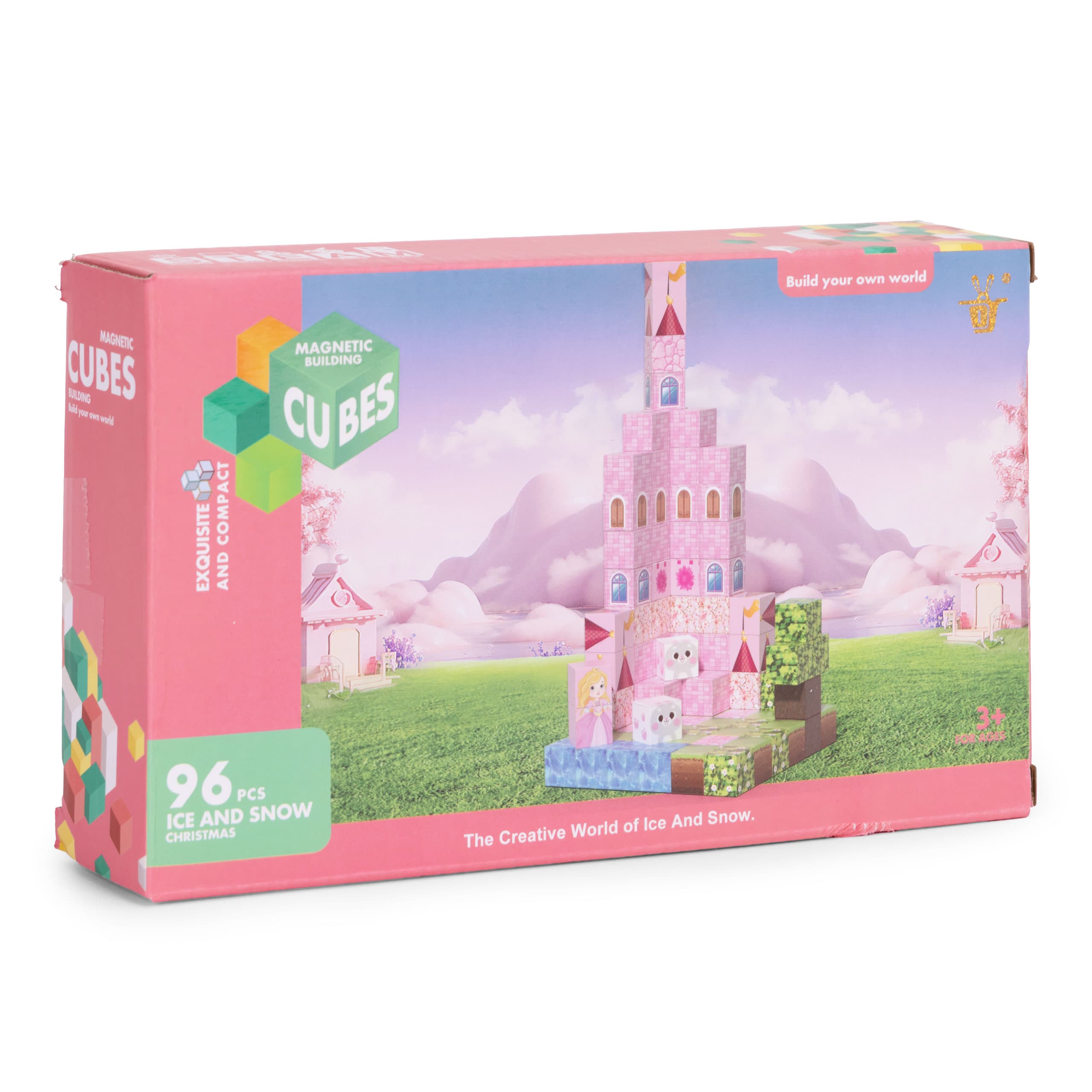 Klocki magnetyczne konstrukcyjne zestaw dla dzieci 96 elementów sześciany różowy zamek