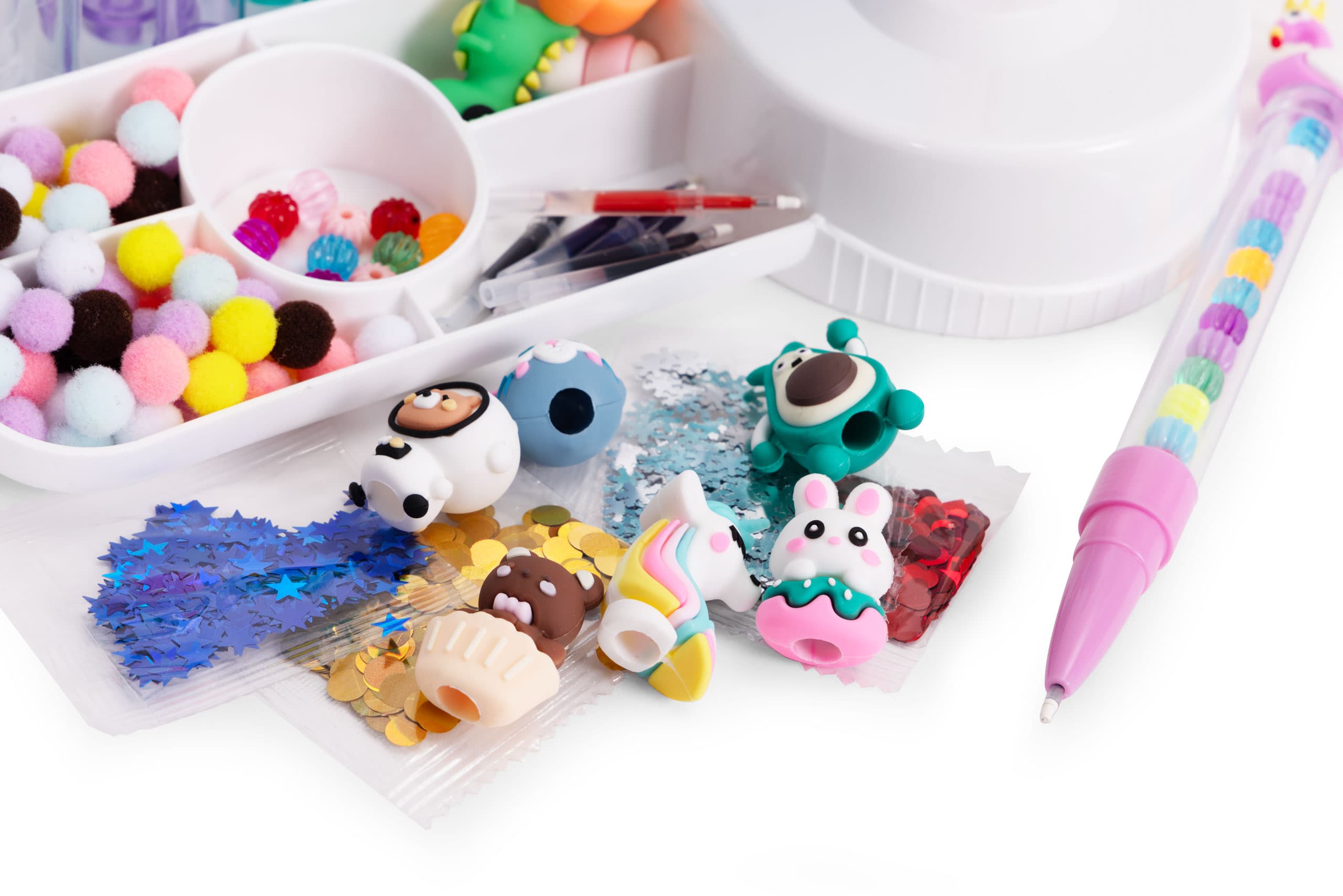 Zestaw do robienia długopisów fabryka pen creator DIY zwierzątka brokat koraliki pompony