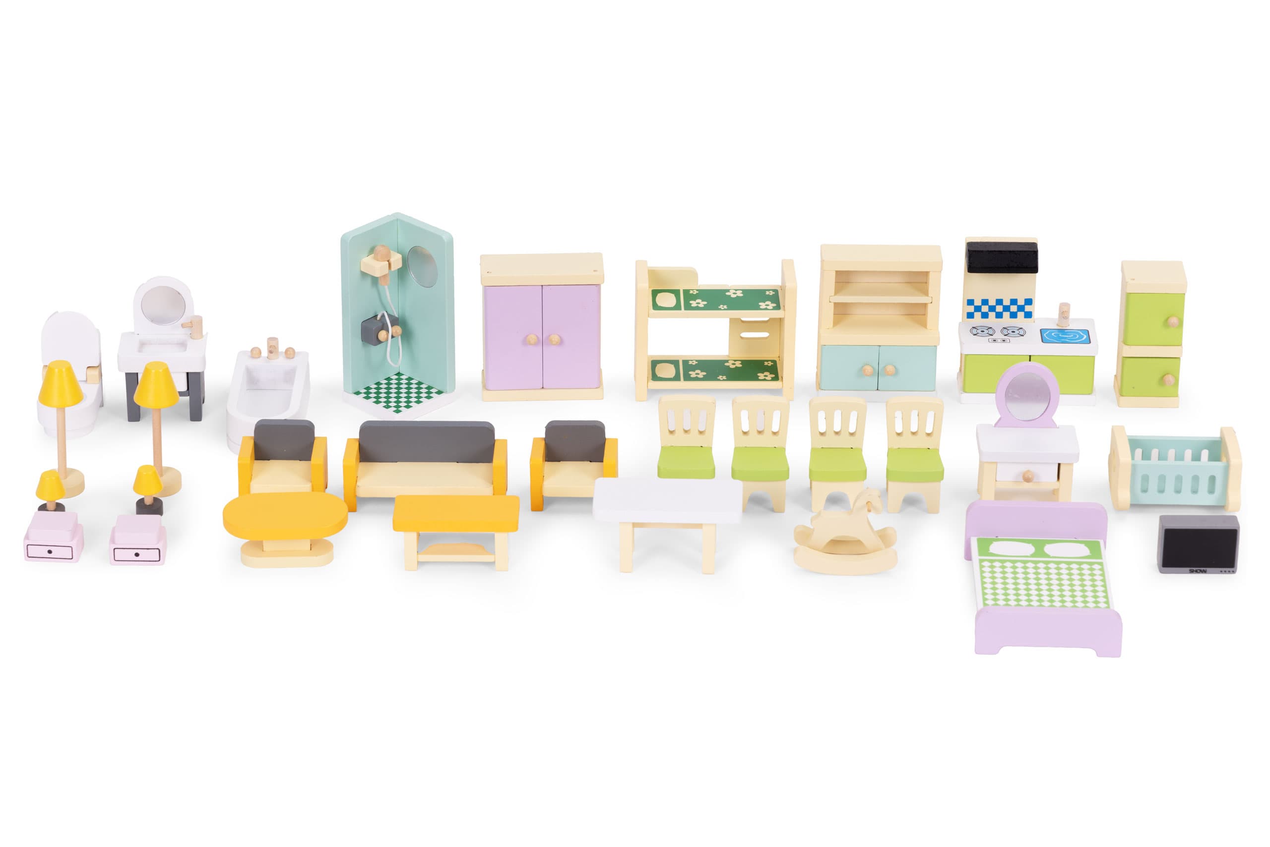 Drewniane mebelki do domu dla lalek akcesoria zestaw 30 elementów