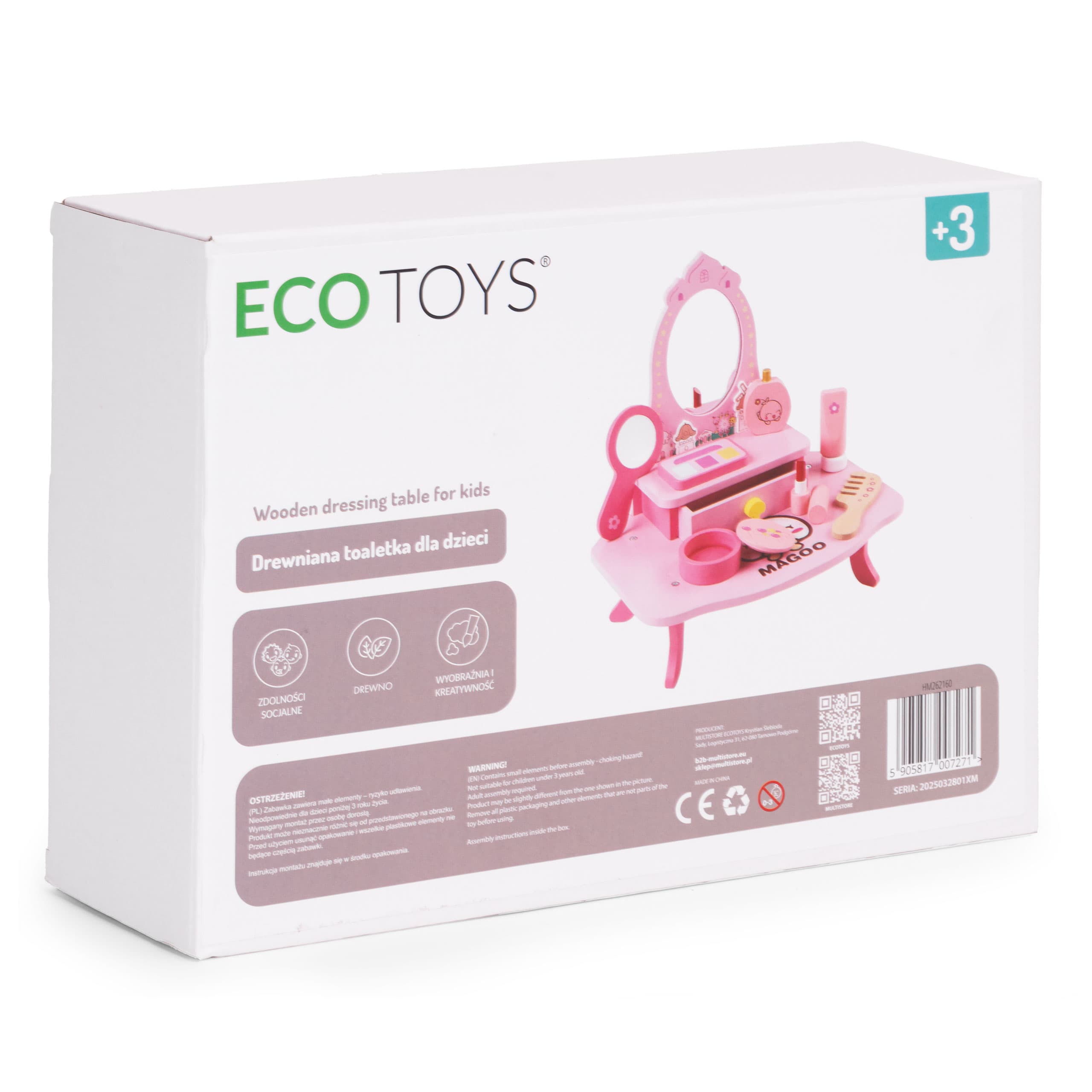 Drewniana toaletka dla dzieci z lustrem i szufladą 7 akcesoriów ECOTOYS