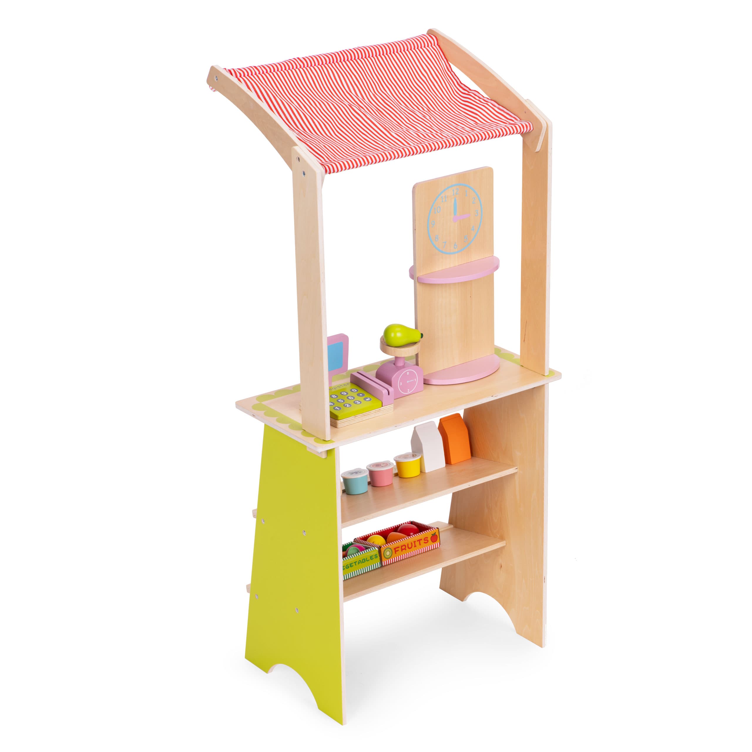 Duży drewniany stragan dla dzieci sklep z terminalem i wagą owoce warzywa 20 elementów ECOTOYS