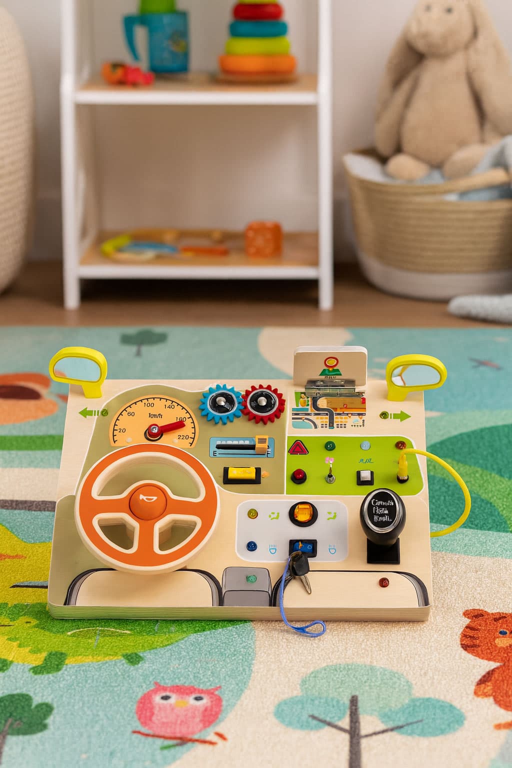 Drewniana tablica manipulacyjna LED sensoryczna dla dzieci panel edukacyjny auto kierownica 14 elementów