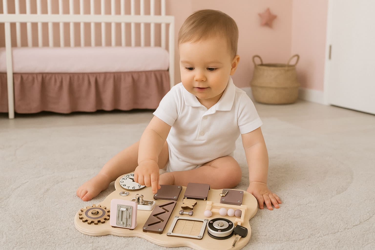 Drewniana tablica manipulacyjna sensoryczna dla dzieci panel edukacyjny miś 12 elementów ECOTOYS