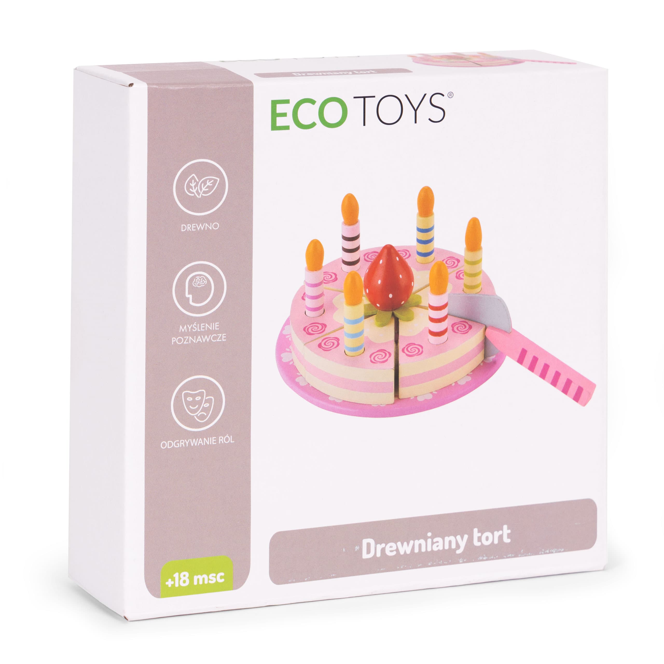 Zestaw drewniany tort na rzepy świeczki truskawka dla dzieci 15 elementów ECOTOYS