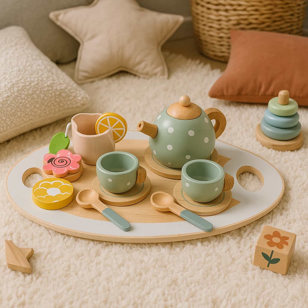 Drewniany zestaw do herbaty dzbanek filiżanki 14 elementów ECOTOYS