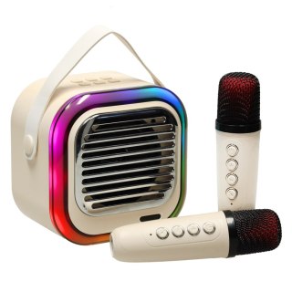 Zestaw do karaoke głośnik Bluetooth 2 mikrofony USB LED 10W kremowy