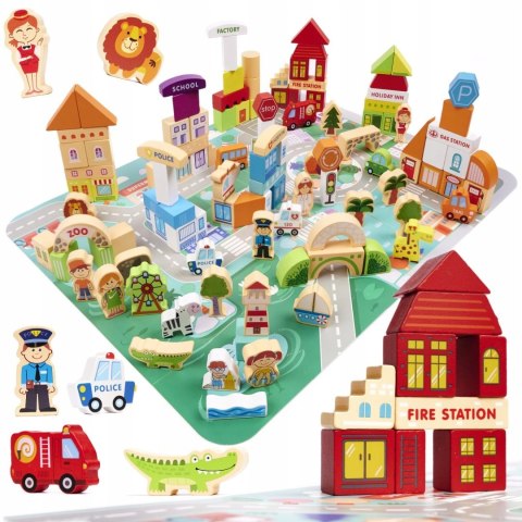 Klocki drewniane edukacyjne miasto puzzle 120el. drewniane miasto prezent3+