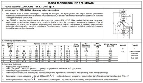 HAK Z ZABEZPIECZENIEM OBROTOWY 1500KG GM-HO UN HAK Z ZABEZPIECZENIEM OBROTOWY 1500KG GM-HO UN