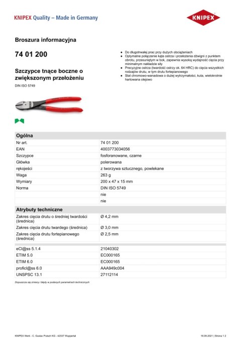 SZCZYPCE TNĄCE BOCZNE O ZWIĘKSZONYM PRZEŁOŻENIU 200MM KNIPEX SZCZYPCE TNĄCE BOCZNE O ZWIĘKSZONYM PRZEŁOŻENIU 200MM KNIPEX