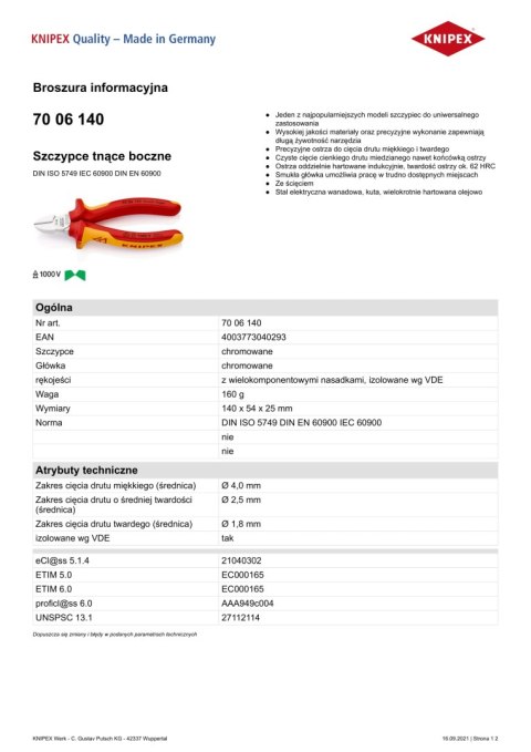 SZCZYPCE TNĄCE BOCZNE IZOLOWANE 140MM KNIPEX SZCZYPCE TNĄCE BOCZNE IZOLOWANE 140MM KNIPEX