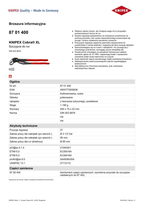SZCZYPCE DO RUR COBRA XL 400MM KNIPEX SZCZYPCE DO RUR COBRA XL 400MM KNIPEX