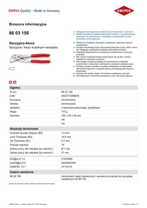 SZCZYPCE-KLUCZ MINI 150MM KNIPEX SZCZYPCE-KLUCZ MINI 150MM KNIPEX