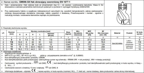 HAK SKRACAJĄCY ZE SWORZNIEM 7/8MM G8 WLL 2T UN HAK SKRACAJĄCY ZE SWORZNIEM 7/8MM G8 WLL 2T UN