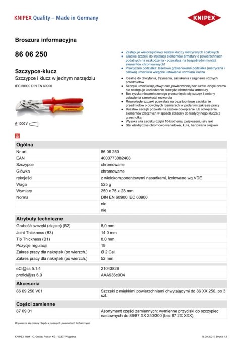 SZCZYPCE-KLUCZ 250MM VDE 1000V KNIPEX SZCZYPCE-KLUCZ 250MM VDE 1000V KNIPEX