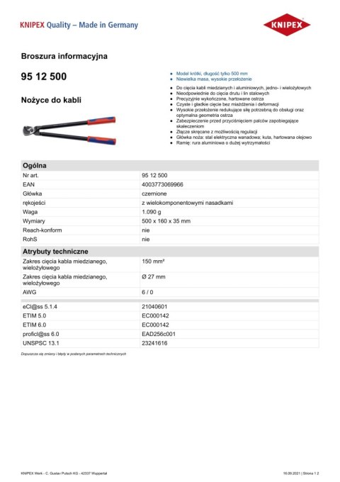 NOŻYCE DO KABLI 500MM KNIPEX NOŻYCE DO KABLI 500MM KNIPEX