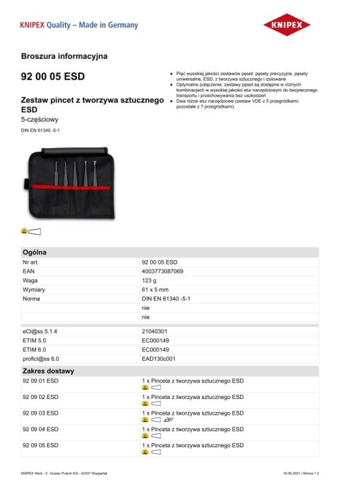 ZESTAW PĘSET Z TWORZYWA SZTUCZNEGO ESD, 5SZT. KNIPEX ZESTAW PĘSET Z TWORZYWA SZTUCZNEGO ESD, 5SZT. KNIPEX