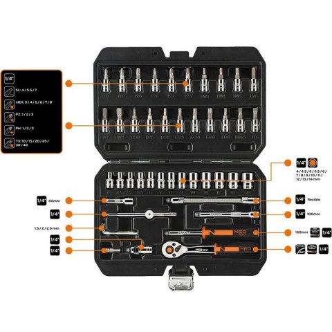 ZESTAW KLUCZY NASADOWYCH 1/4'' 46SZT NEO ZESTAW KLUCZY NASADOWYCH 1/4'' 46SZT NEO